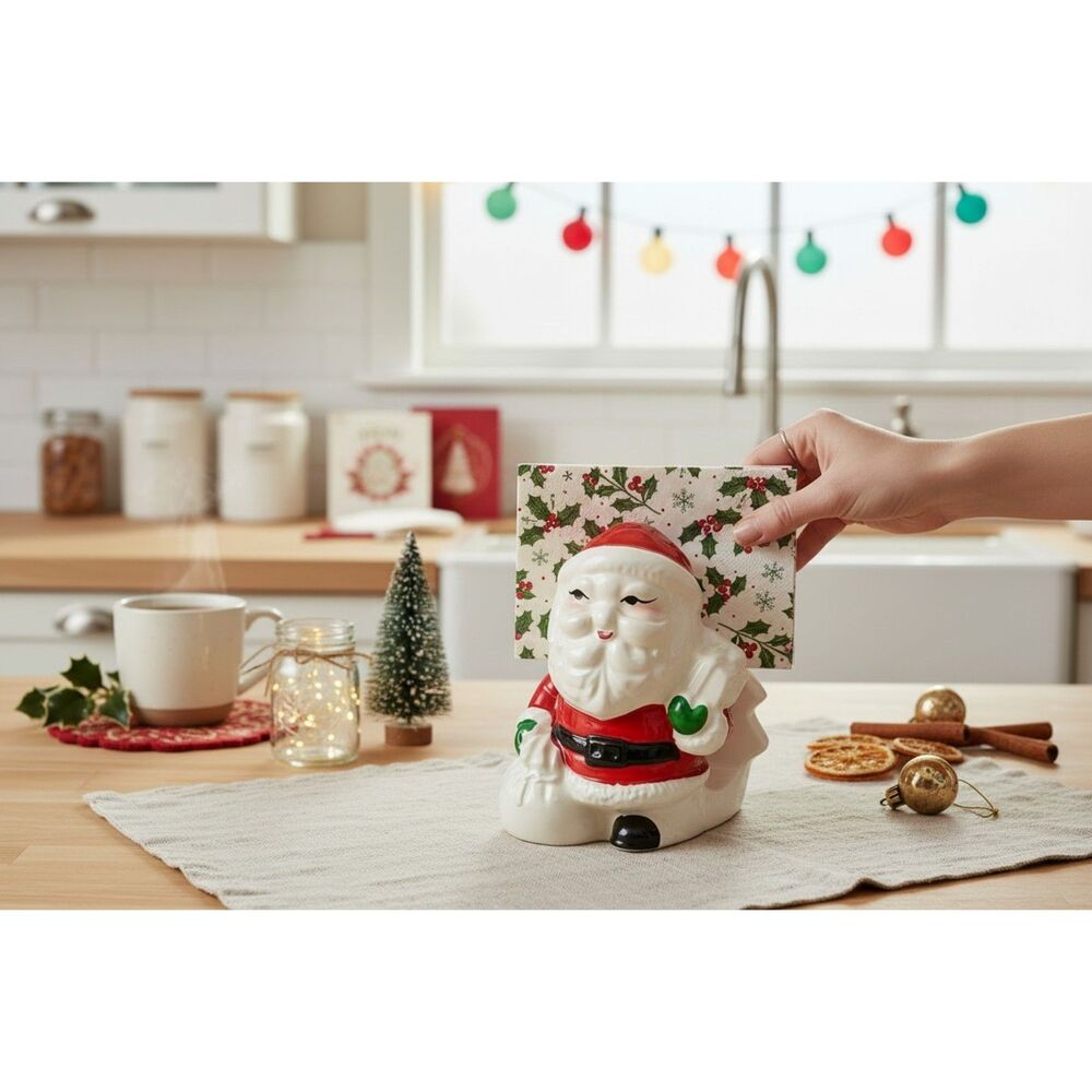 Vintage Ceramic Santa Claus Napkin Holder Christmas Kitsch Lego Foil Label